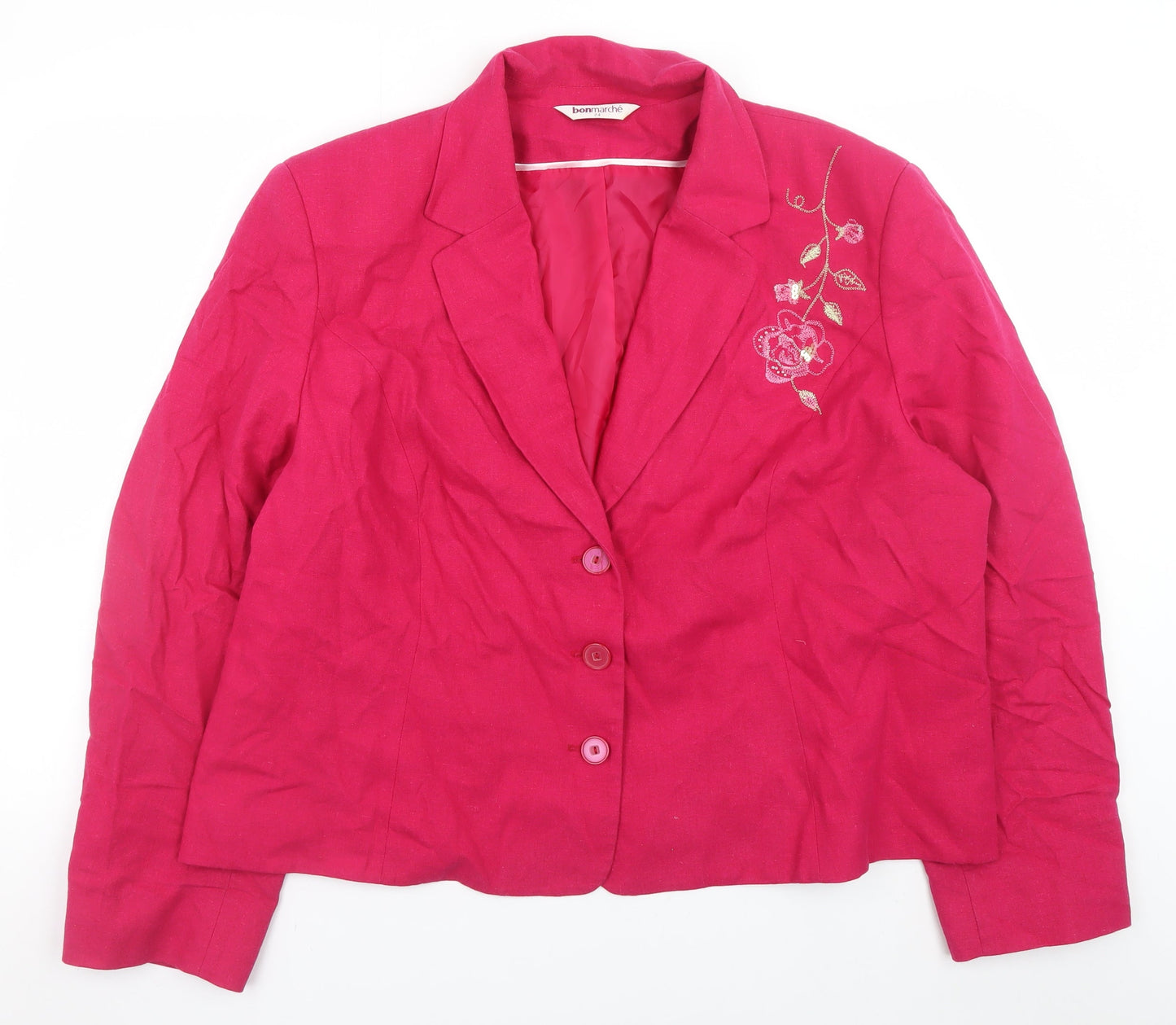 Bonmarché Women's Pink Floral Embroidered Linen Blazer Size 24