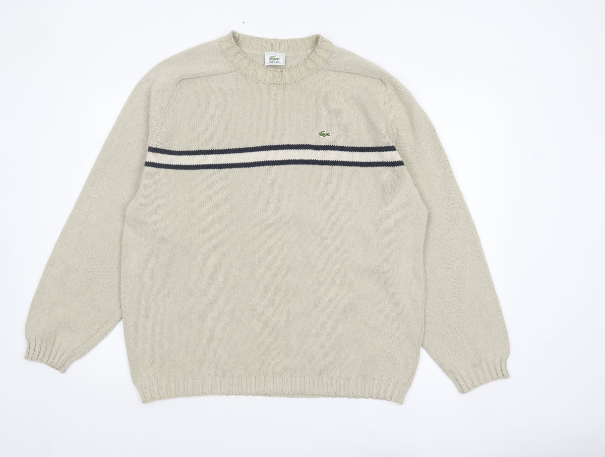 Lacoste Men’s Beige 3XL Crew Neck Striped Knit Jumper