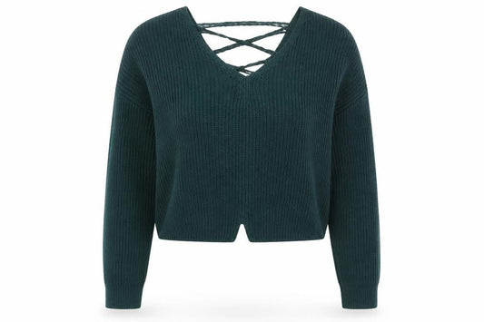 Front view of Miss Selfridge Women Green V-Neck Lace-Up Knit Jumper, size 8