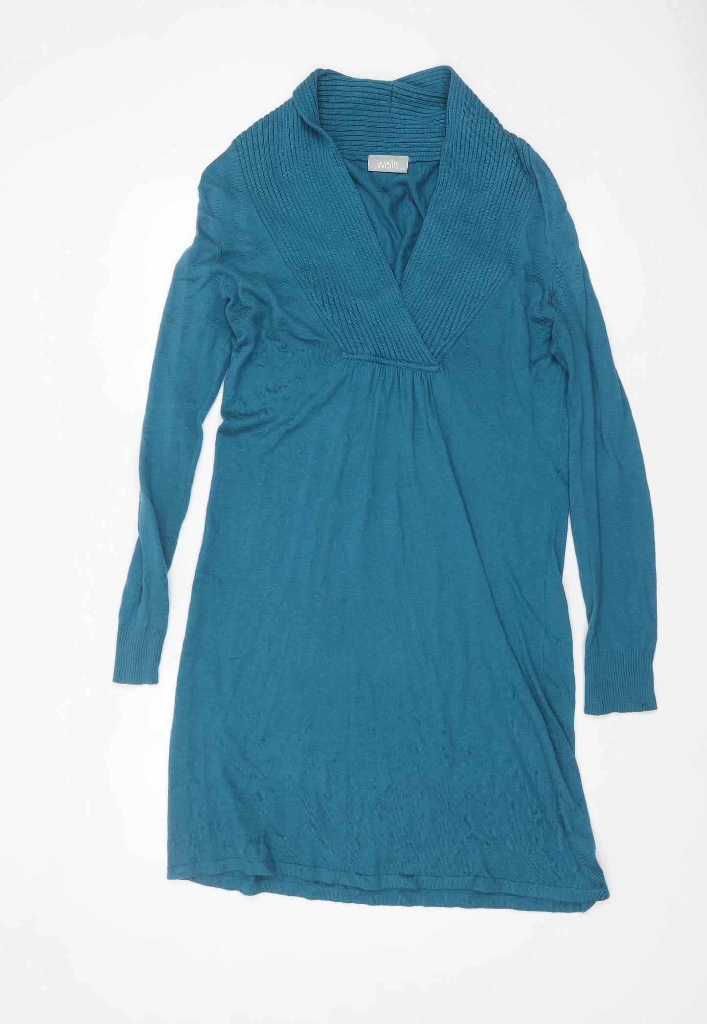 Wallis Women Blue Knit Jumper Dress Size M V-Neck Long Sleeve