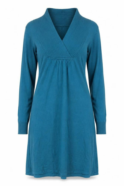 Wallis Women Blue Knit Jumper Dress Size M V-Neck Long Sleeve