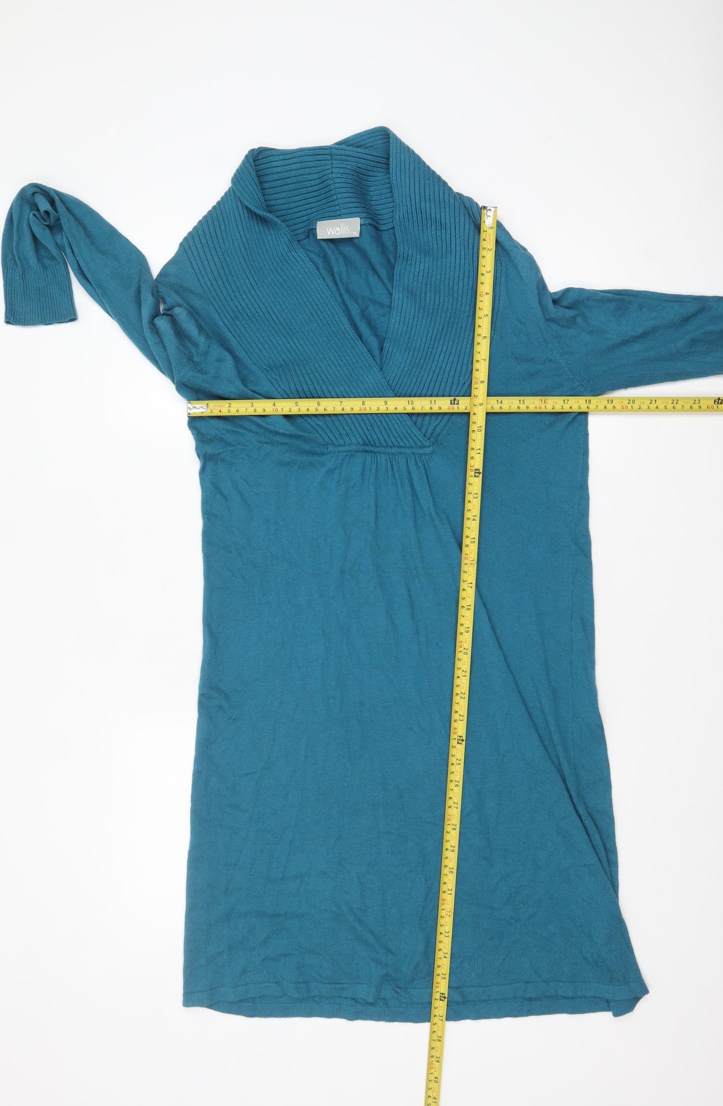 Wallis Women Blue Knit Jumper Dress Size M V-Neck Long Sleeve