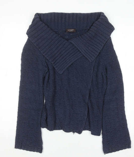 Principles Women Blue Cotton Blend Collared Knit Cardigan Size 14 Petite