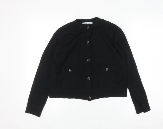 ZARA Women Black Cotton Blend Crew Neck Button Cardigan M