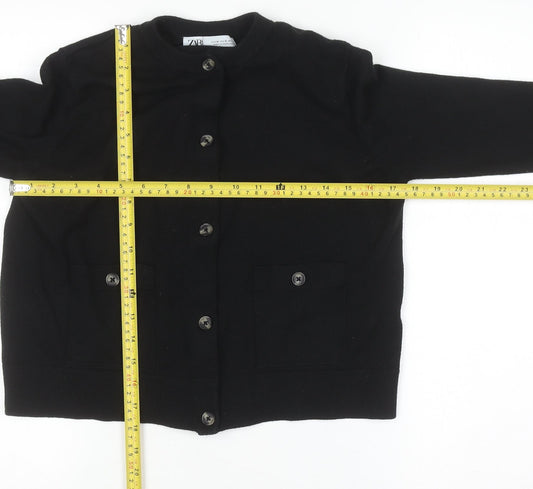 ZARA Women Black Cotton Blend Crew Neck Button Cardigan M