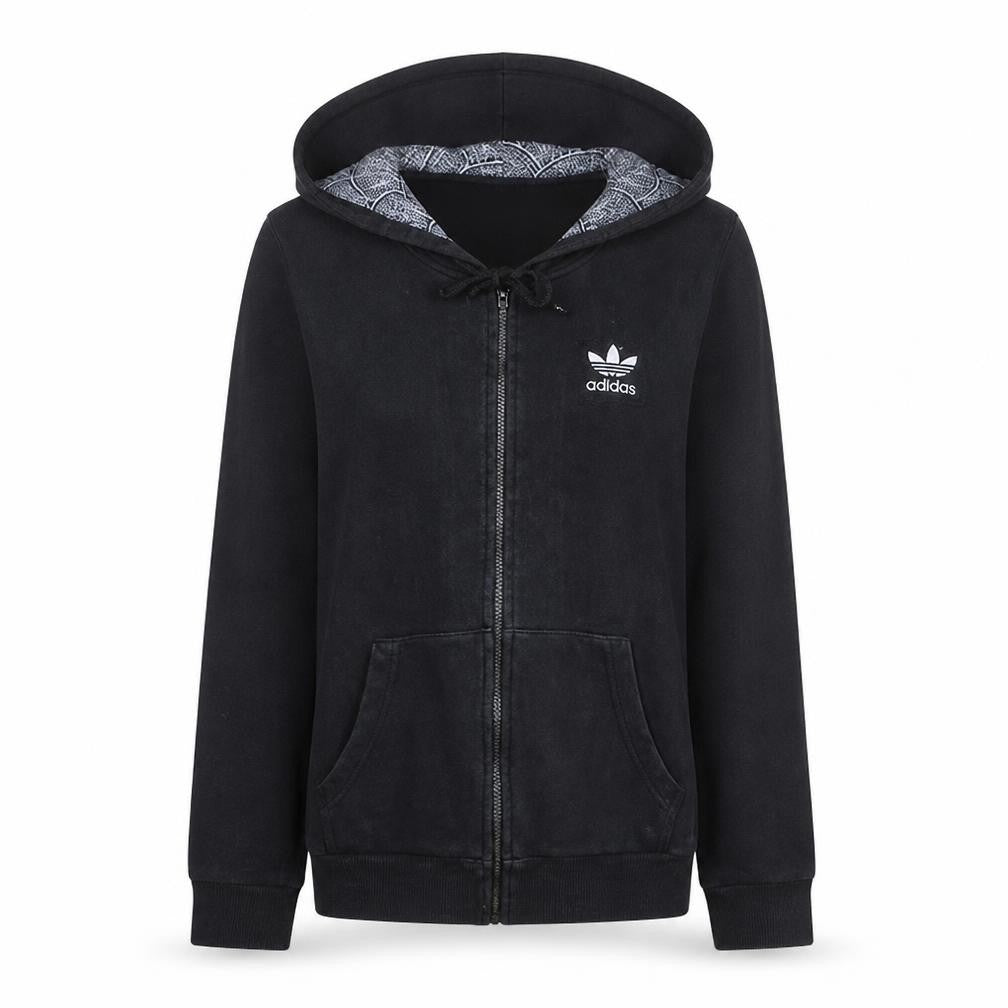 Front view of Adidas women’s black full zip hoodie, size UK 8, cotton blend hooded sweatshirt