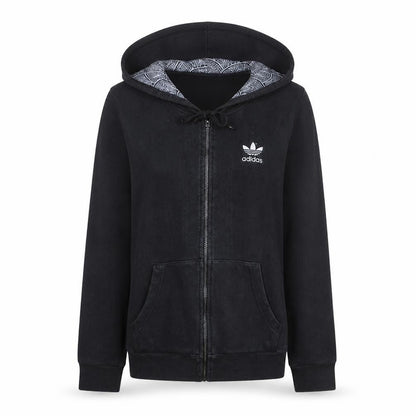 Front view of Adidas women’s black full zip hoodie, size UK 8, cotton blend hooded sweatshirt