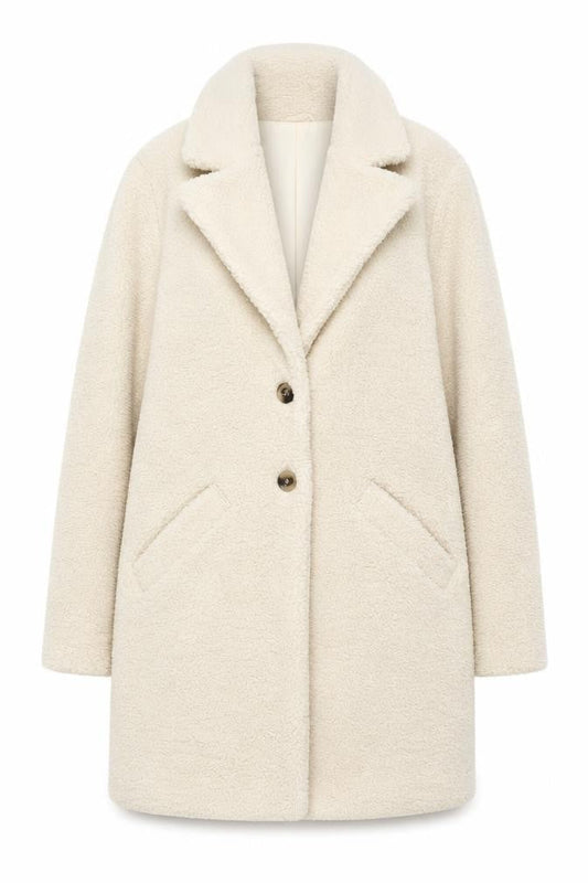 VILA Women Ivory Mid-Length Buttoned Teddy Coat Size 6