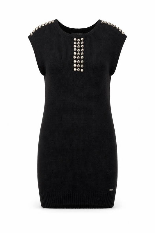 Front view of Guess Women Black Sleeveless Beaded Knit Sweater Dress, size S