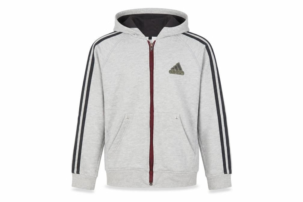 Front view of Adidas boys’ grey full zip hoodie 11-12 years sports casual fleece
