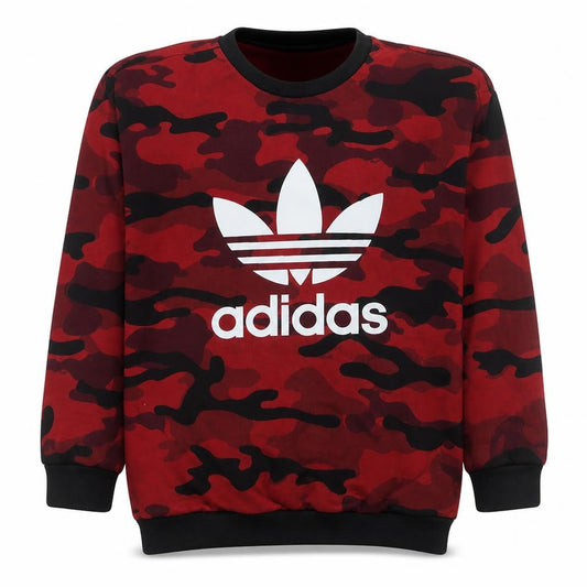 Front view of Adidas boys’ red camo crew neck pullover sweatshirt, size 146