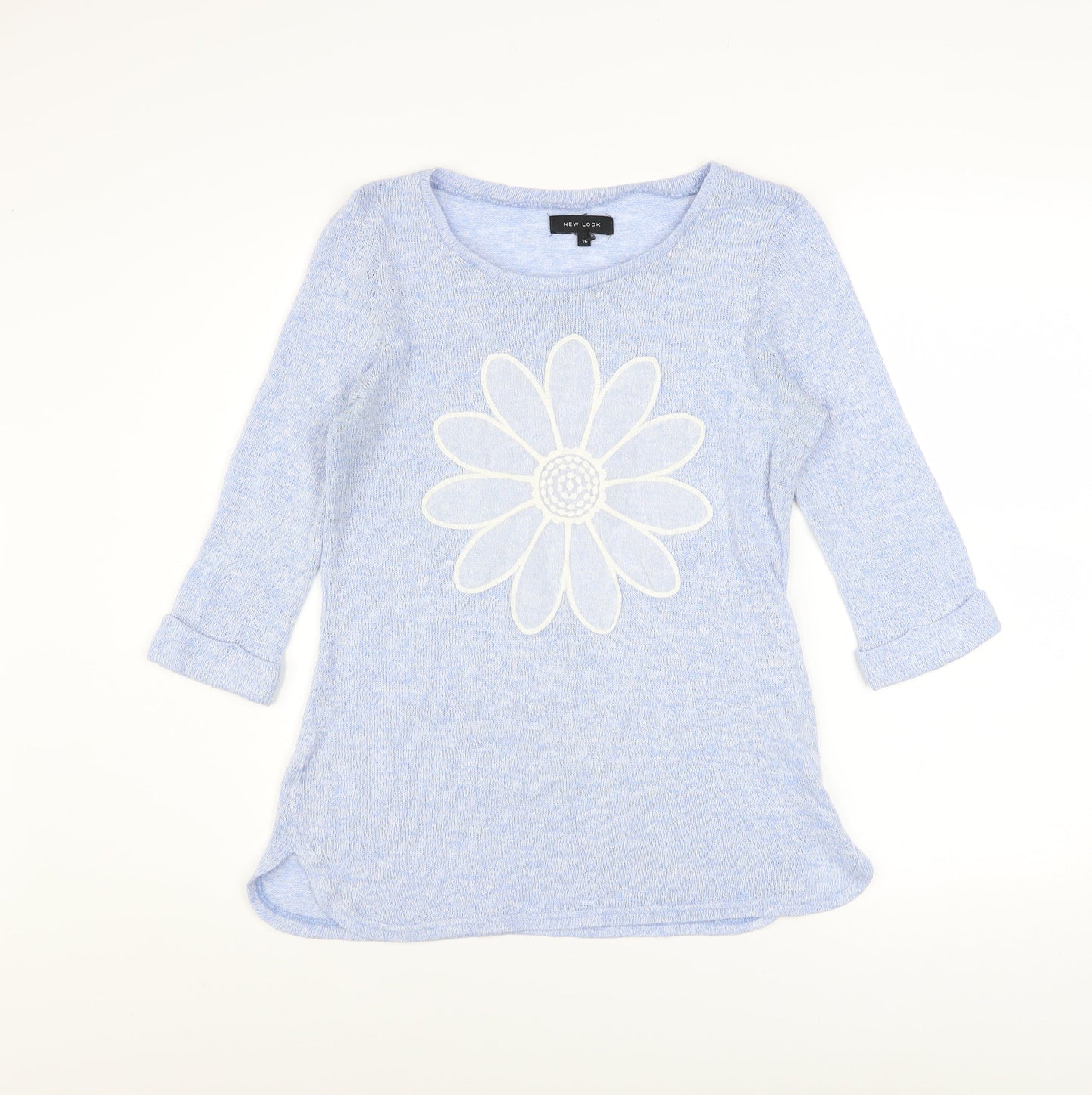 New Look Women's Blue Flower Knit 3/4 Sleeve Pullover Jumper Size 10