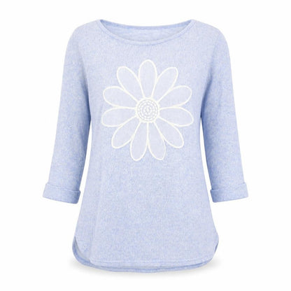 New Look Women's Blue Flower Knit 3/4 Sleeve Pullover Jumper Size 10