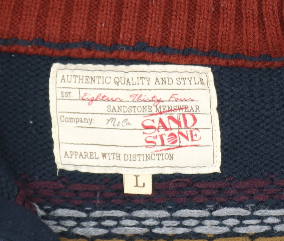 Sandstone Mens Blue Fair Isle 1/2 Zip Winter Jumper Size L