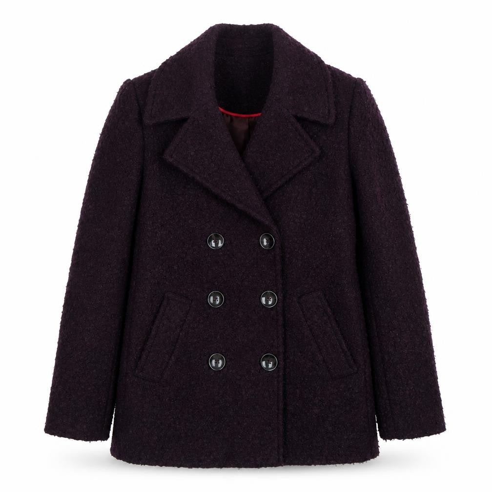 Front view of Principles Women’s Purple Wool Blend Pea Coat, size UK 8, Buttoned Mid-Length
