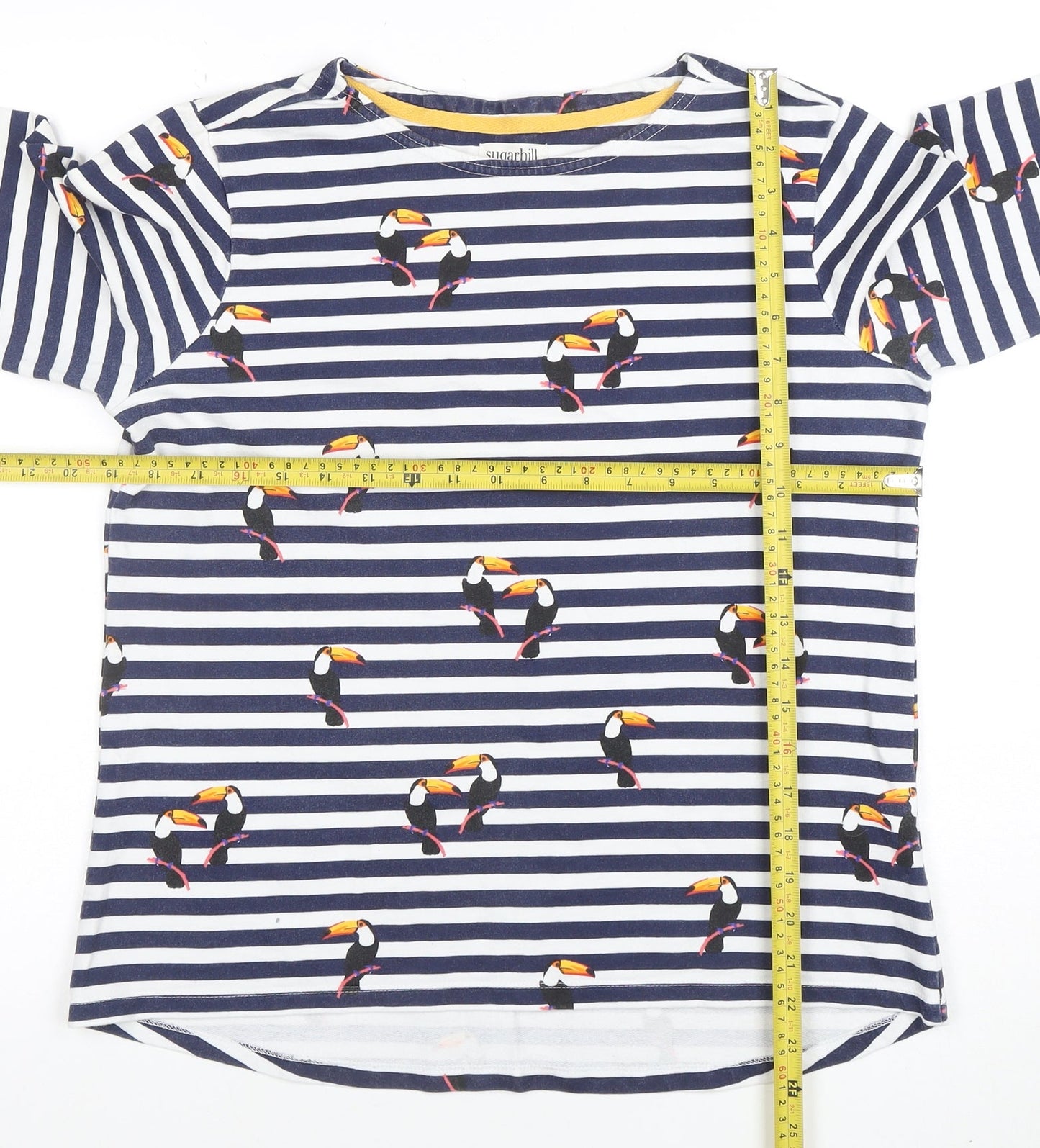 Sugarhill Brighton Womens Blue Striped Toucan 3/4 Sleeve Cotton T-Shirt Size 12
