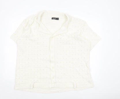 boohooMAN Men’s Ivory Short Sleeve Collared Knit Cardigan M
