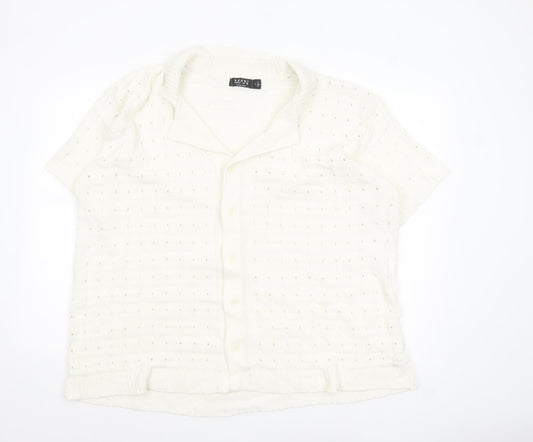 boohooMAN Men’s Ivory Short Sleeve Collared Knit Cardigan M