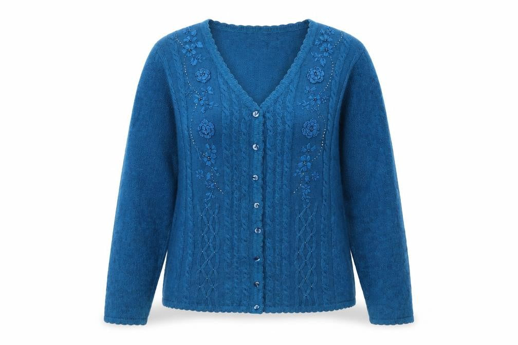 Bonmarché Womens Blue V-Neck Embroidered Cardigan Jumper Size M