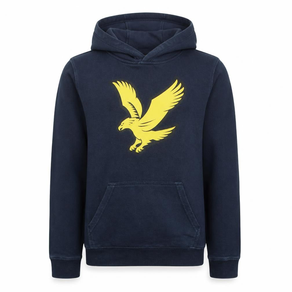 Front view of Lyle & Scott boys’ blue pullover hoodie 12-13 years cotton logo sweatshirt