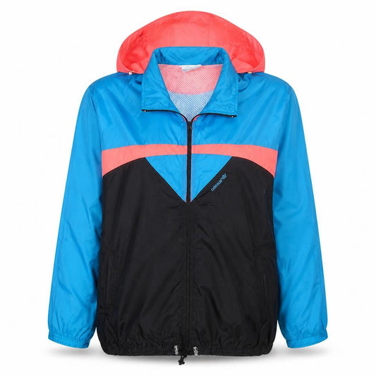Front view of Adidas women’s blue retro windbreaker jacket l hooded full zip lightweight