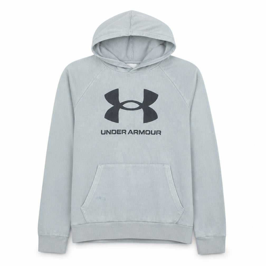 Front view of Under Armour Teens Grey Pullover Hoodie YLG Logo Fleece Sportswear