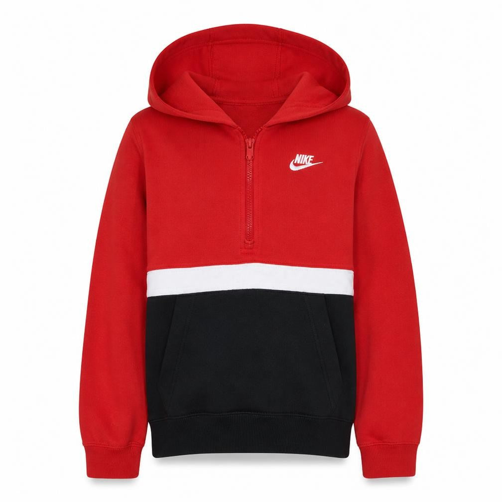 Front view of Nike boys’ red colourblock xl fleece pullover hoodie with 1/4 zip
