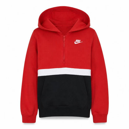 Front view of Nike boys’ red colourblock xl fleece pullover hoodie with 1/4 zip