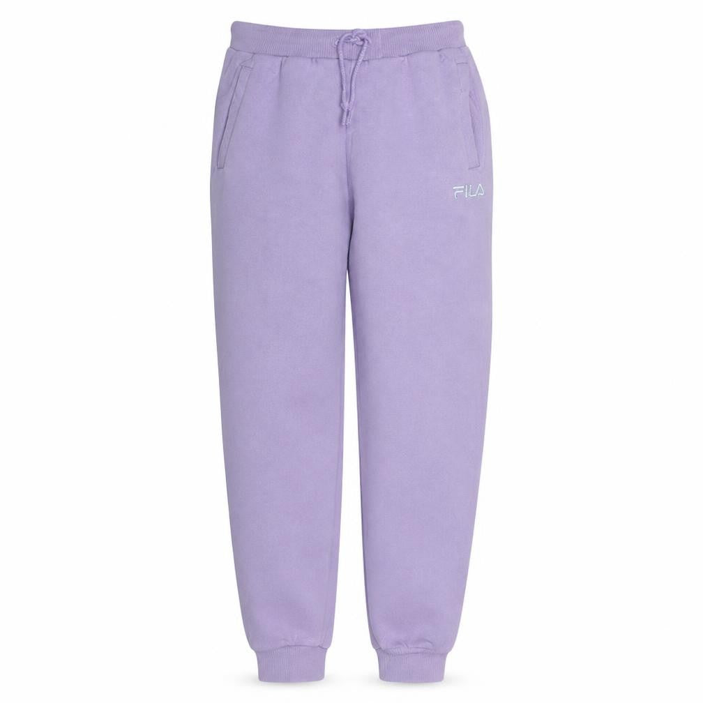Front view of Fila women’s purple jogger sweatpants, size UK 6, elastic waist fleece trousers