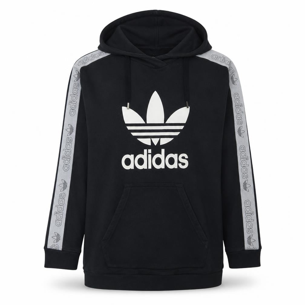 Front view of Adidas women’s black pullover hoodie uk 10 with logo trim detail