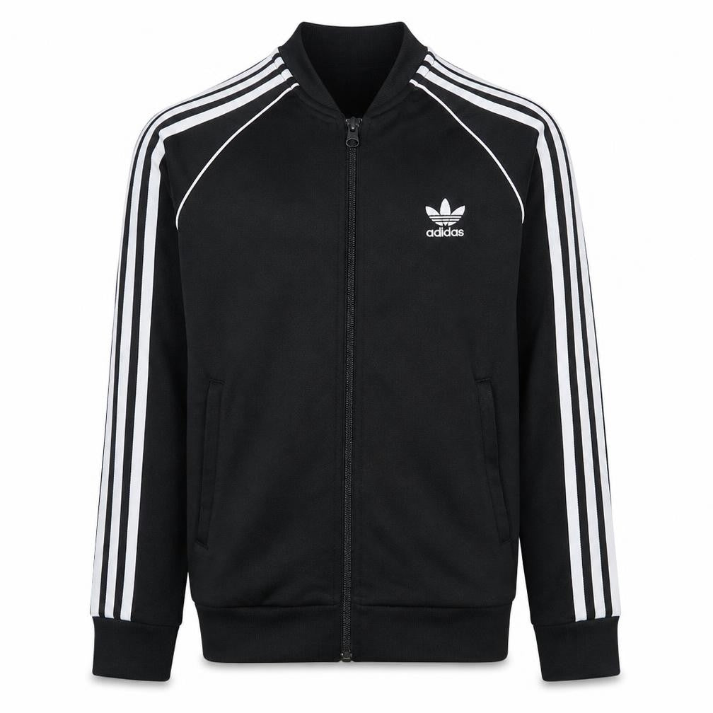 Front view of Adidas boys’ black full zip sweatshirt 12-13 years classic 3-stripes track top