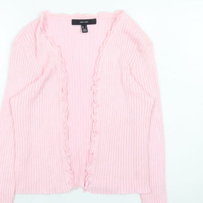 Vero Moda Women Pink Ribbed Ruffle Trim Cardigan Size L