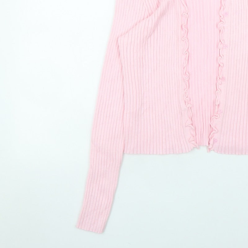 Vero Moda Women Pink Ribbed Ruffle Trim Cardigan Size L
