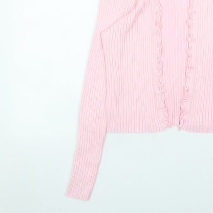 Vero Moda Women Pink Ribbed Ruffle Trim Cardigan Size L