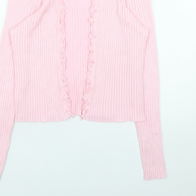 Vero Moda Women Pink Ribbed Ruffle Trim Cardigan Size L