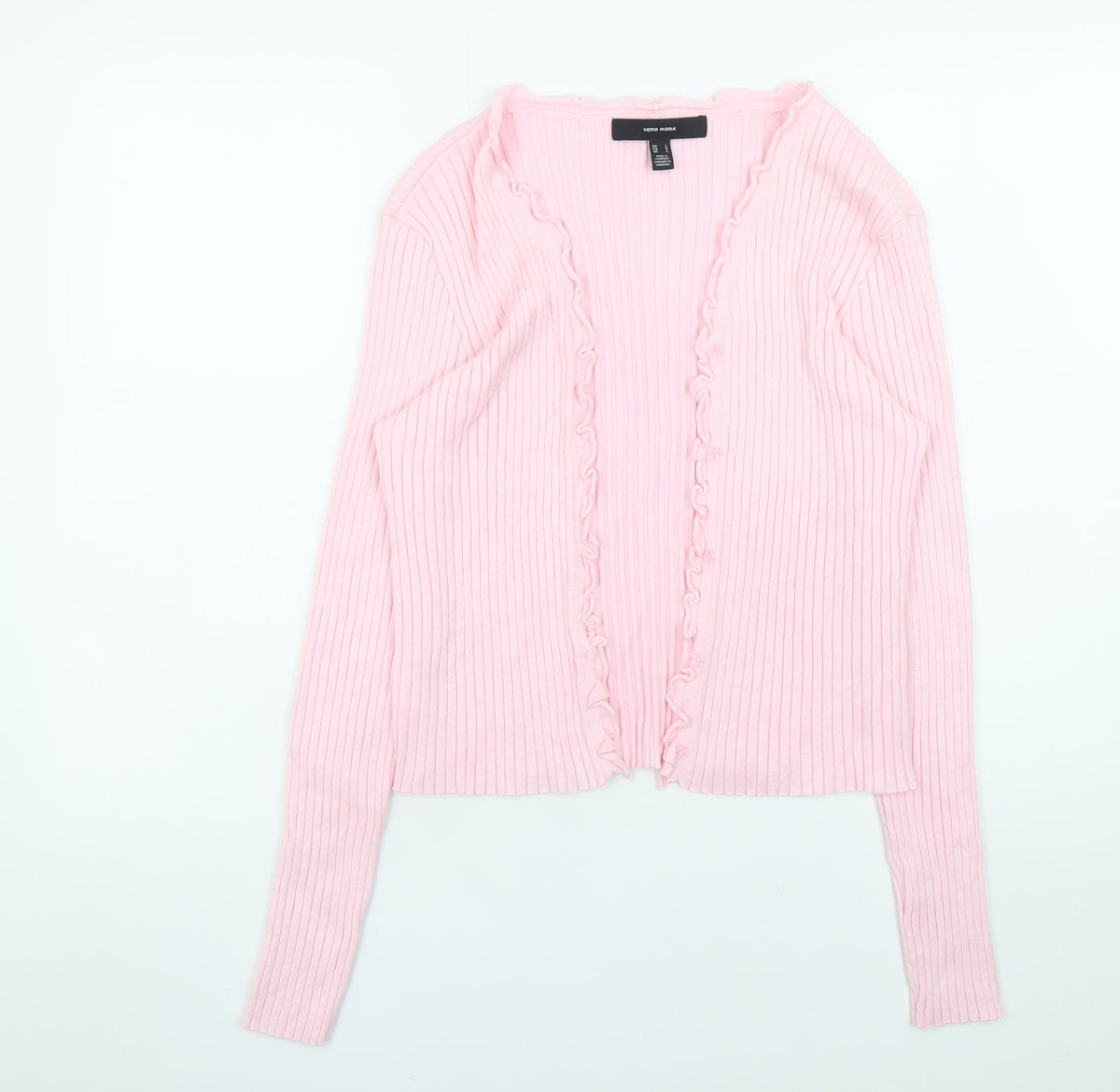 Vero Moda Women Pink Ribbed Ruffle Trim Cardigan Size L