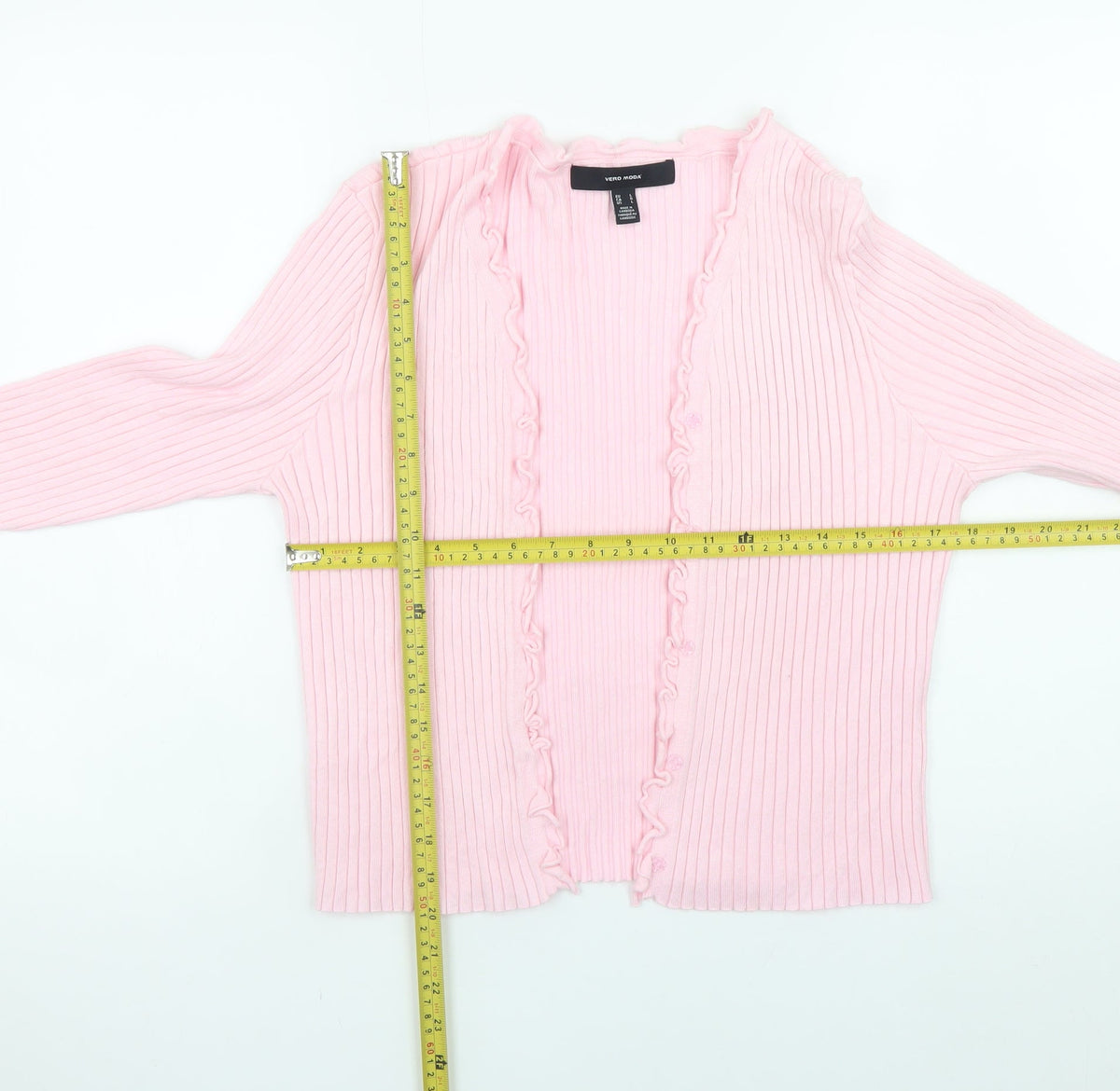 Vero Moda Women Pink Ribbed Ruffle Trim Cardigan Size L