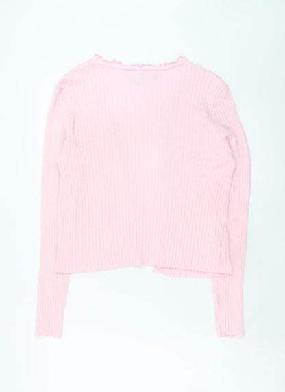 Vero Moda Women Pink Ribbed Ruffle Trim Cardigan Size L