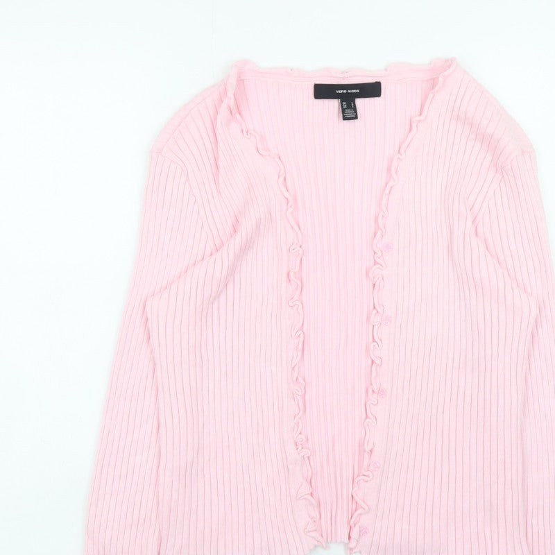 Vero Moda Women Pink Ribbed Ruffle Trim Cardigan Size L