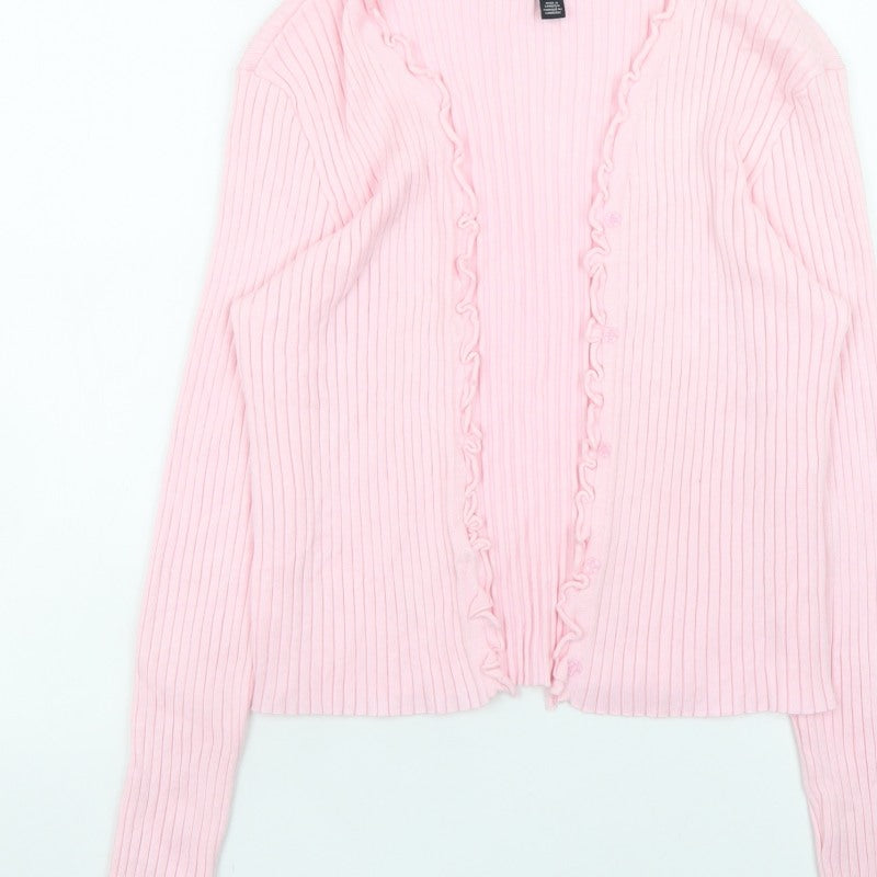 Vero Moda Women Pink Ribbed Ruffle Trim Cardigan Size L