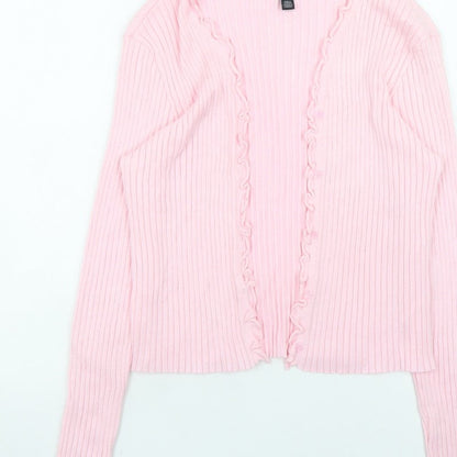 Vero Moda Women Pink Ribbed Ruffle Trim Cardigan Size L