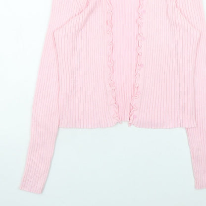 Vero Moda Women Pink Ribbed Ruffle Trim Cardigan Size L