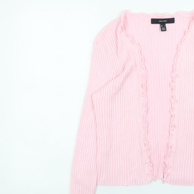 Vero Moda Women Pink Ribbed Ruffle Trim Cardigan Size L
