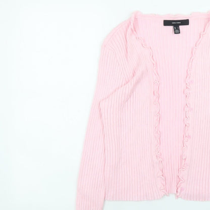 Vero Moda Women Pink Ribbed Ruffle Trim Cardigan Size L