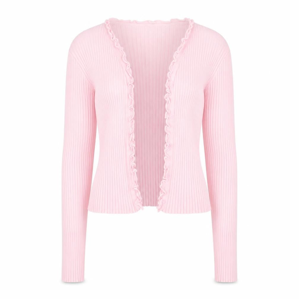 Vero Moda Women Pink Ribbed Ruffle Trim Cardigan Size L