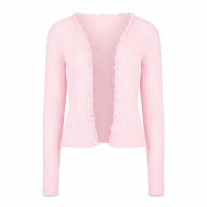 Vero Moda Women Pink Ribbed Ruffle Trim Cardigan Size L