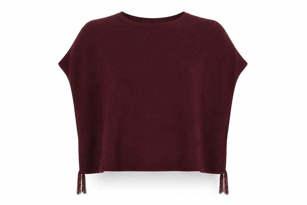 Front view of ESPRIT Women Red Knit Cape Jumper M Sleeveless Tasselled Relaxed Fit