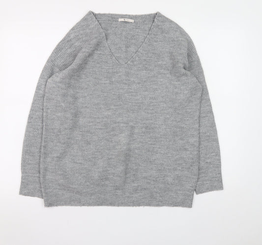Tu Women Grey V-Neck Rib Knit Pullover Jumper Size 8