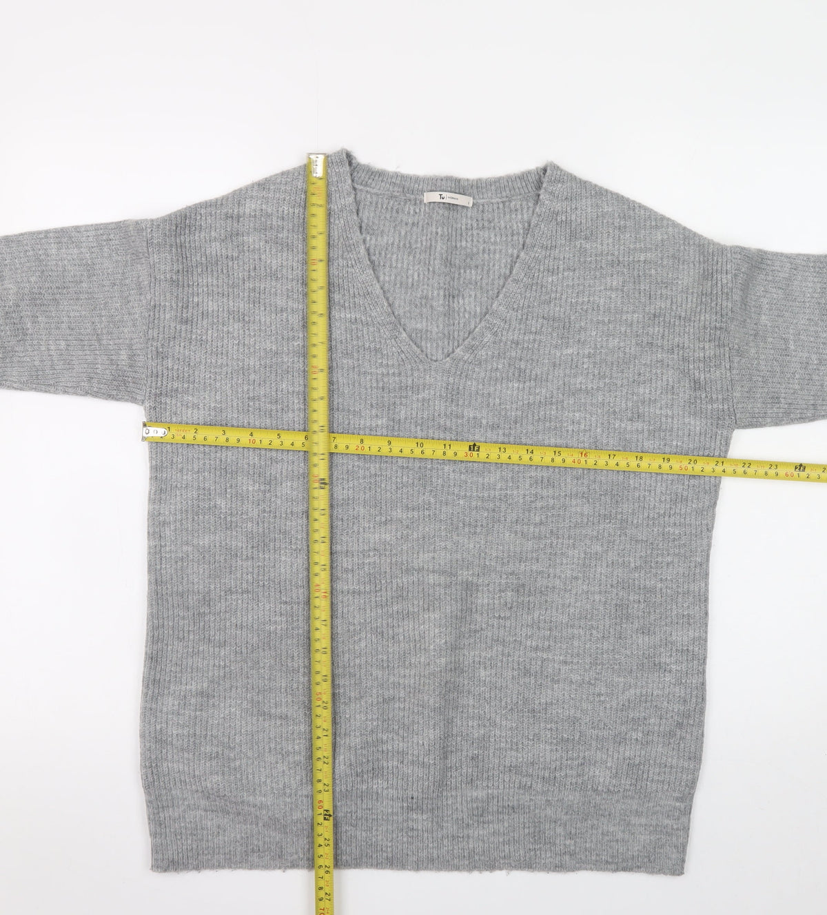 Tu Women Grey V-Neck Rib Knit Pullover Jumper Size 8