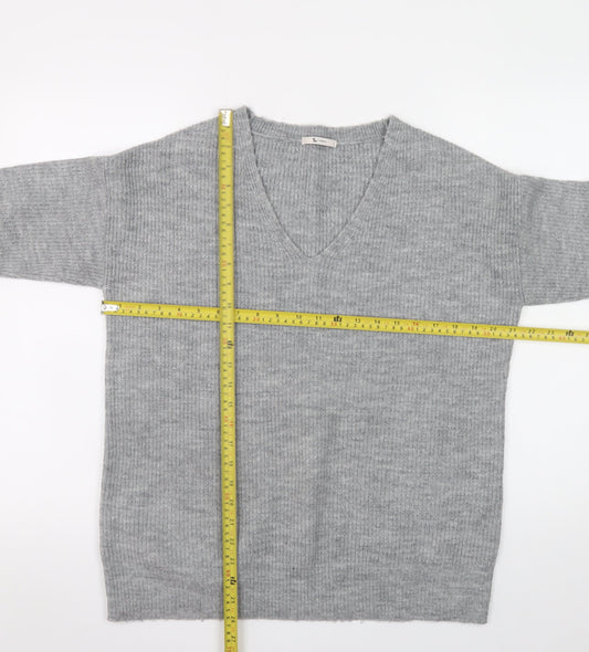 Tu Women Grey V-Neck Rib Knit Pullover Jumper Size 8